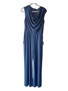 Size 10 Sleeveless Cowl Neck Wide-Leg Jumpsuit - Blue With Pockets No Belt